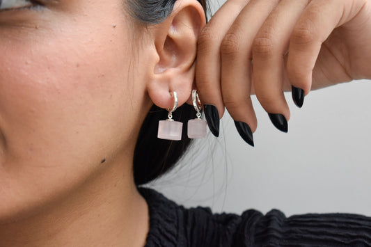 Rose Quartz Huggie Drop Earrings in 925 Silver – Handmade Everyday Gemstone Jewelry