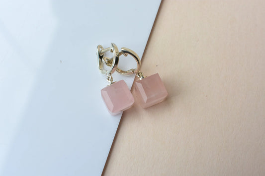 Rose Quartz Huggie Drop Earrings in 925 Silver – Handmade Everyday Gemstone Jewelry