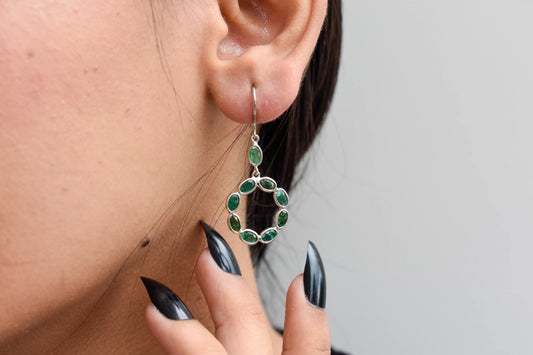 Emerald Wreath Drop Earrings in 925 Silver – Designer Open Circle Gemstone Jewelry