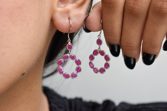 925 Silver Ruby Wreath Drop Earrings – Handmade Open Circle Statement Jewelry