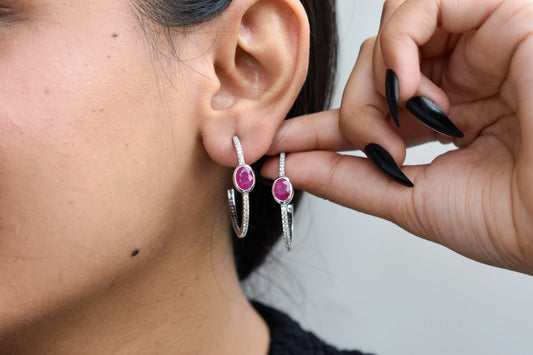 Ruby Pavé Open Hoop Earrings in 925 Silver – Designer Everyday Gemstone Jewelry