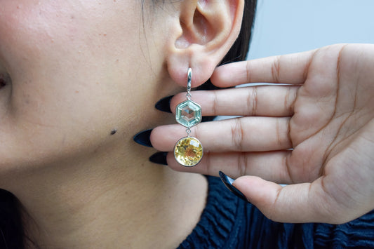 Citrine Green Amethyst Two-Stone Drop Earrings in 925 Silver – Multi Gemstone Jewelry