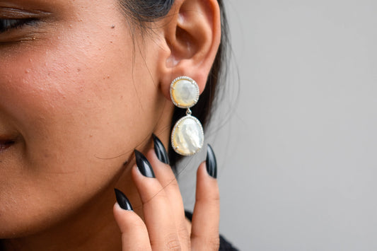 Mother of Pearl Halo Drop Earrings in 925 Silver – Designer Two-Tier Jewelry