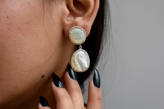 Mother of Pearl Halo Drop Earrings in 925 Silver – Designer Two-Tier Jewelry