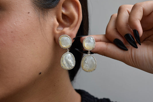 Mother of Pearl Halo Drop Earrings in 925 Silver – Designer Two-Tier Jewelry