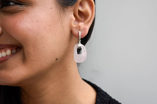 Rose Quartz Link Drop Earrings in 925 Silver – Handmade Pavé Statement Jewelry