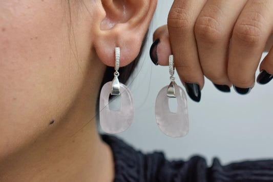Rose Quartz Link Drop Earrings in 925 Silver – Handmade Pavé Statement Jewelry