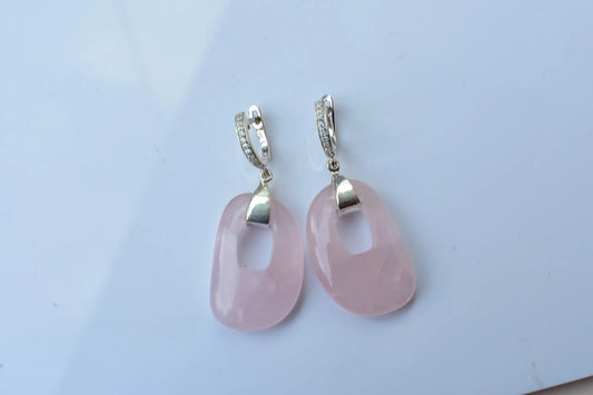 Rose Quartz Link Drop Earrings in 925 Silver – Handmade Pavé Statement Jewelry