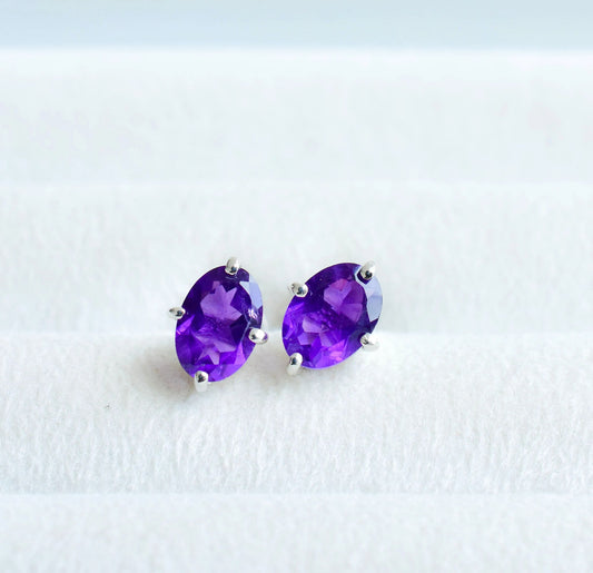 925 Silver Amethyst Oval Stud Earrings – Timeless Solitaire Gemstone Jewelry