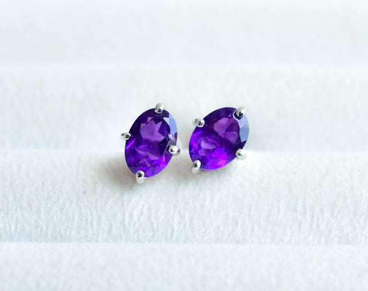 925 Silver Amethyst Oval Stud Earrings – Timeless Solitaire Gemstone Jewelry