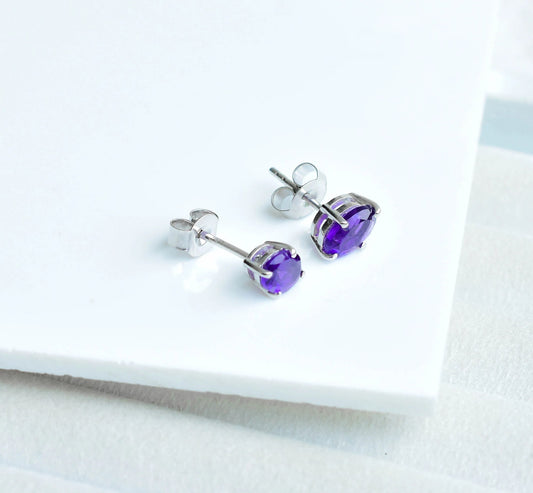 925 Silver Amethyst Oval Stud Earrings – Timeless Solitaire Gemstone Jewelry