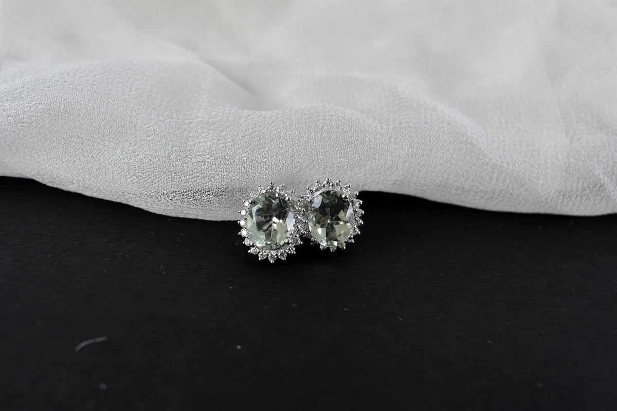 Green Amethyst Halo Stud Earrings in 925 Silver – Everyday Gemstone Jewelry