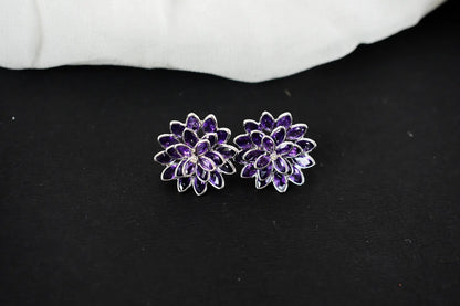 Amethyst Dahlia Statement Stud Earrings in 925 Silver – Layered Designer Jewelry