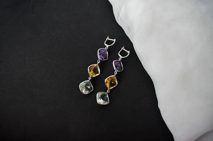 Amethyst Citrine Green Amethyst Cascade Earrings in 925 Silver – Multi Gemstone Jewelry