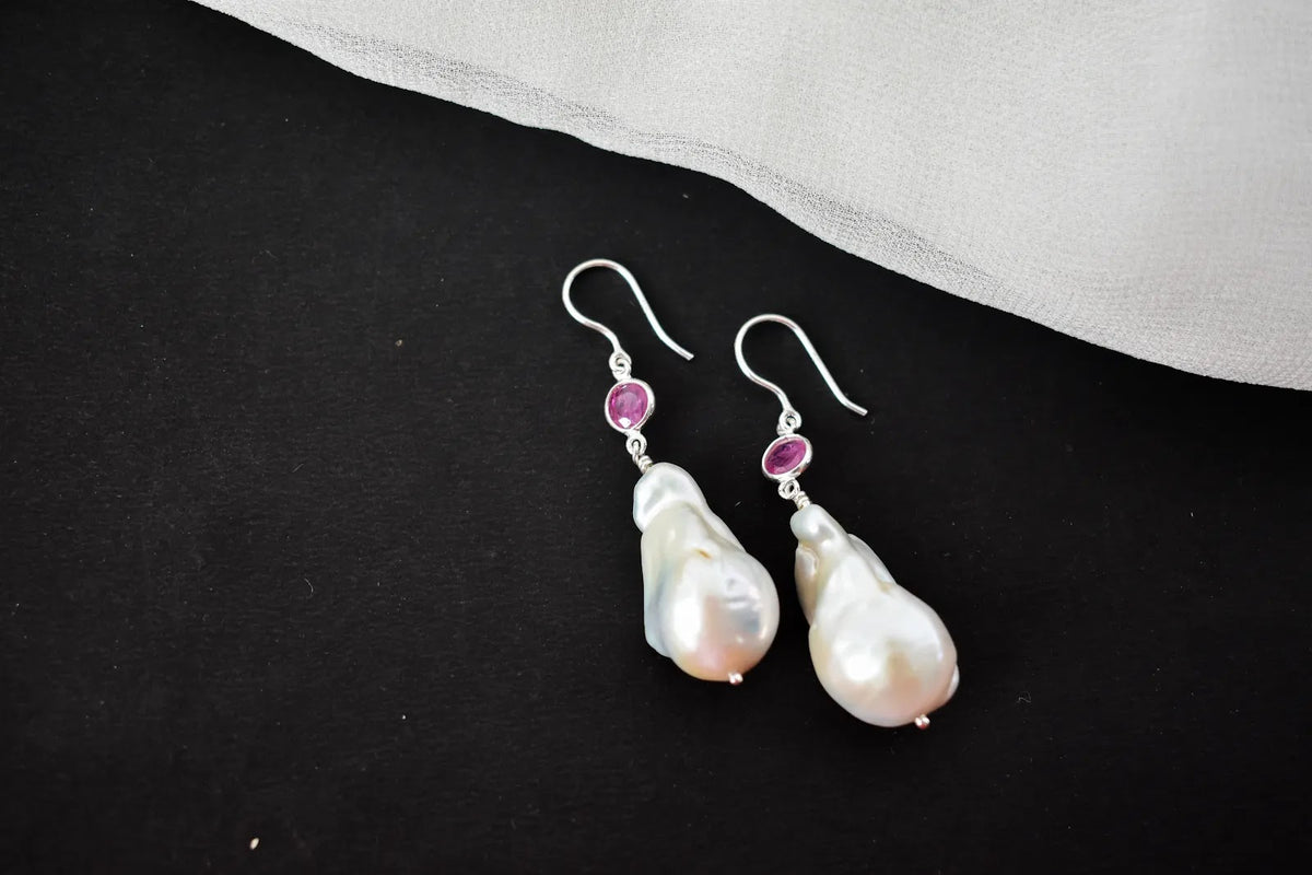Baroque Pearl Ruby Drop Earrings in 925 Silver – Handmade Everyday Fine Jewelry