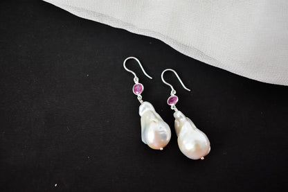 Baroque Pearl Ruby Drop Earrings in 925 Silver – Handmade Everyday Fine Jewelry