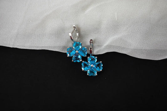 Swiss Blue Topaz Clover Drop Earrings in 925 Silver – Handmade Statement Jewelry