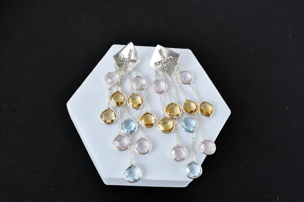 Multi Gemstone Tassel Drop Earrings in 925 Silver – Handmade Cascade Statement Jewelry