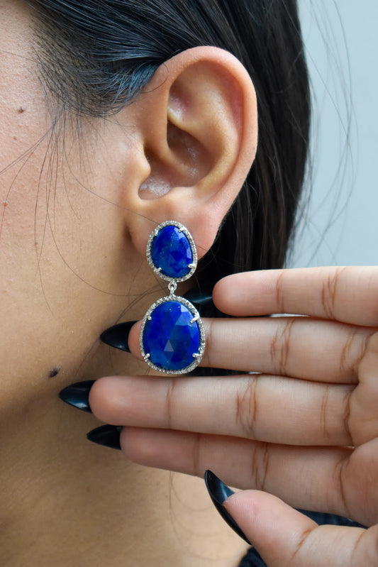 Lapis Lazuli Diamond Halo Drop Earrings in 925 Silver – Designer Statement Jewelry
