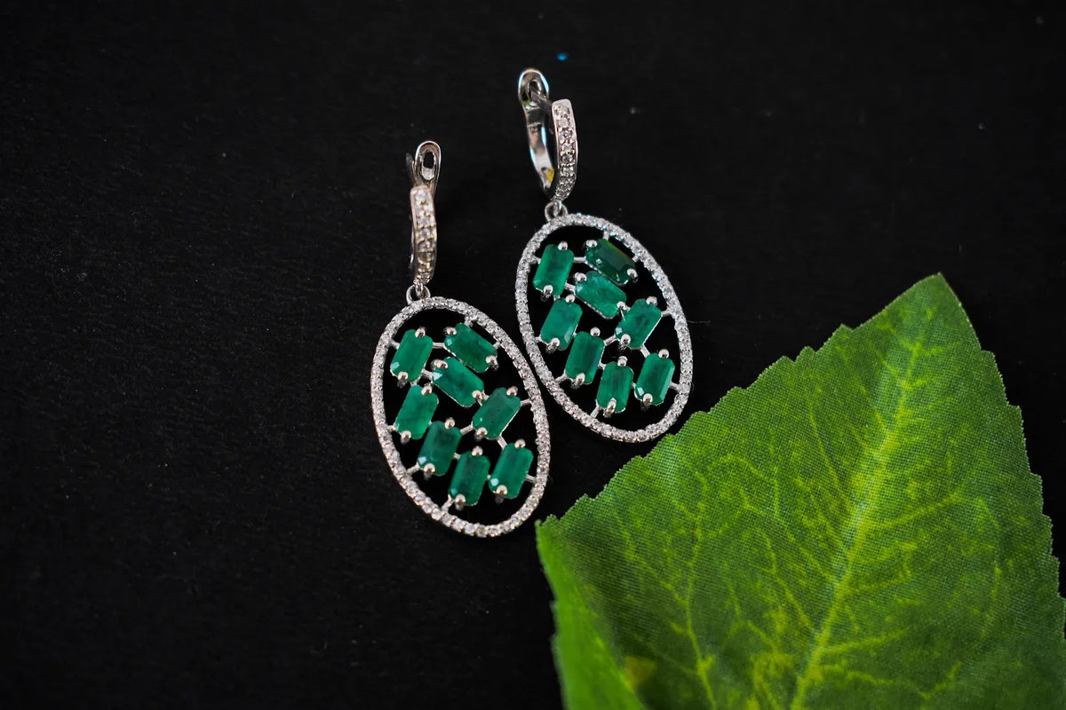 Emerald Halo Drop Earrings in 925 Silver – Designer Statement Gemstone Jewelry