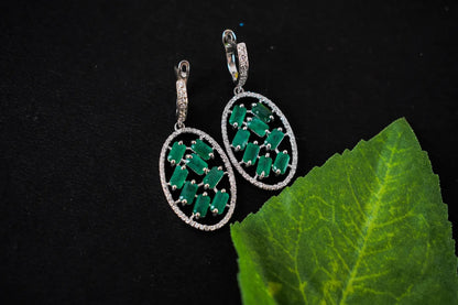 Emerald Halo Drop Earrings in 925 Silver – Designer Statement Gemstone Jewelry