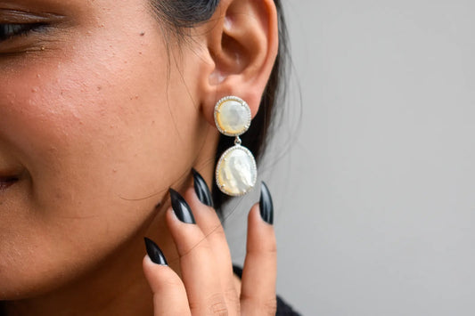 Mother of Pearl Halo Drop Earrings in 925 Silver – Designer Two-Tier Jewelry
