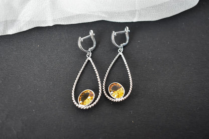 925 Silver Citrine Teardrop Earrings – Handmade Twisted-Rope Gemstone Jewelry