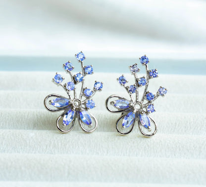 Tanzanite Cluster Stud Earrings in 925 Silver – Elaborate Statement Gemstone Jewelry