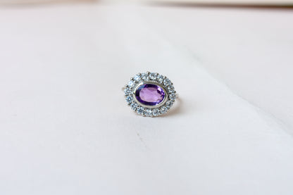Oval amethyst halo ring in 925 silver
