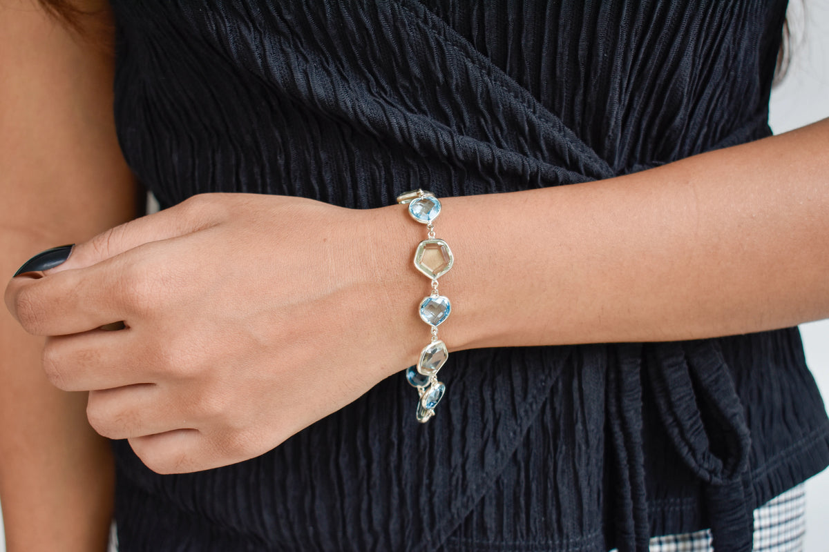 Green amethyst and sky blue topaz bezel bracelet in 925 silver
