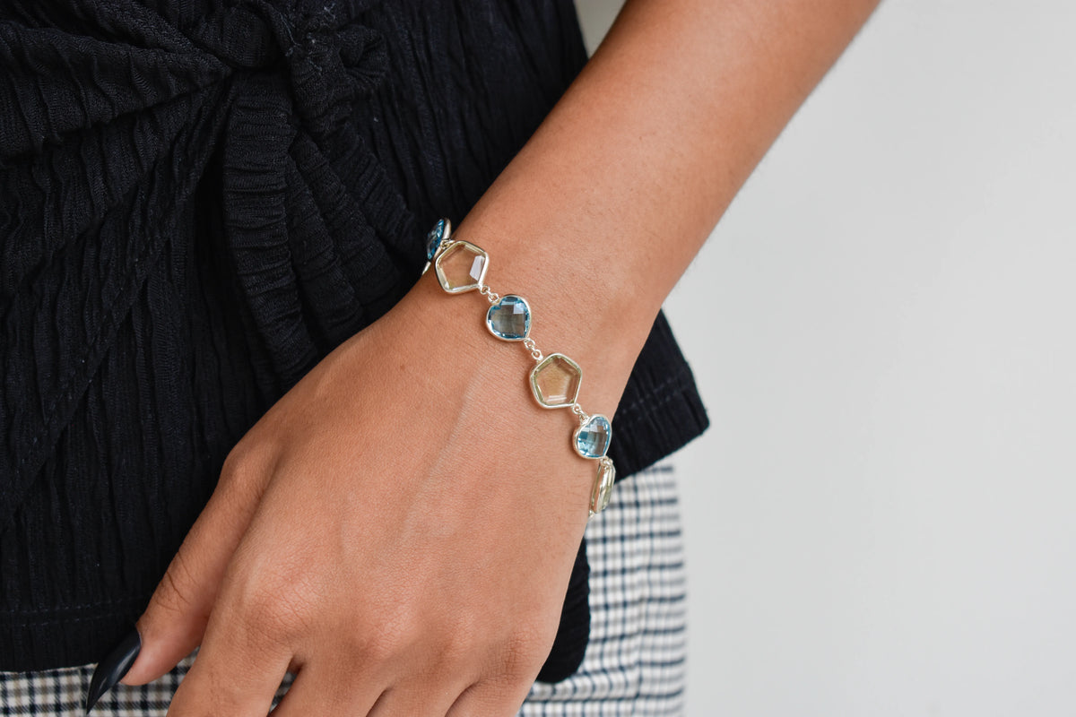 Green amethyst and sky blue topaz bezel bracelet in 925 silver