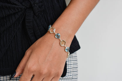 Green amethyst and sky blue topaz bezel bracelet in 925 silver