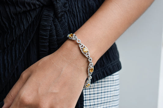 Citrine and cubic zirconia halo bracelet in 925 silver