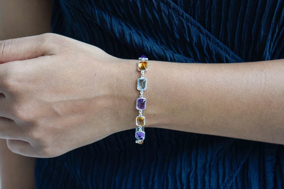 Citrine, amethyst, and blue topaz emerald-cut bracelet in 925 silver