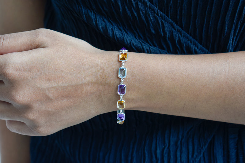 Citrine, Amethyst, and Blue Topaz Bracelet in Silver – Handmade Emerald-Cut Statement Jewelry