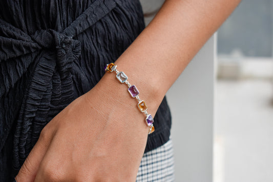 Citrine, amethyst, and blue topaz emerald-cut bracelet in 925 silver