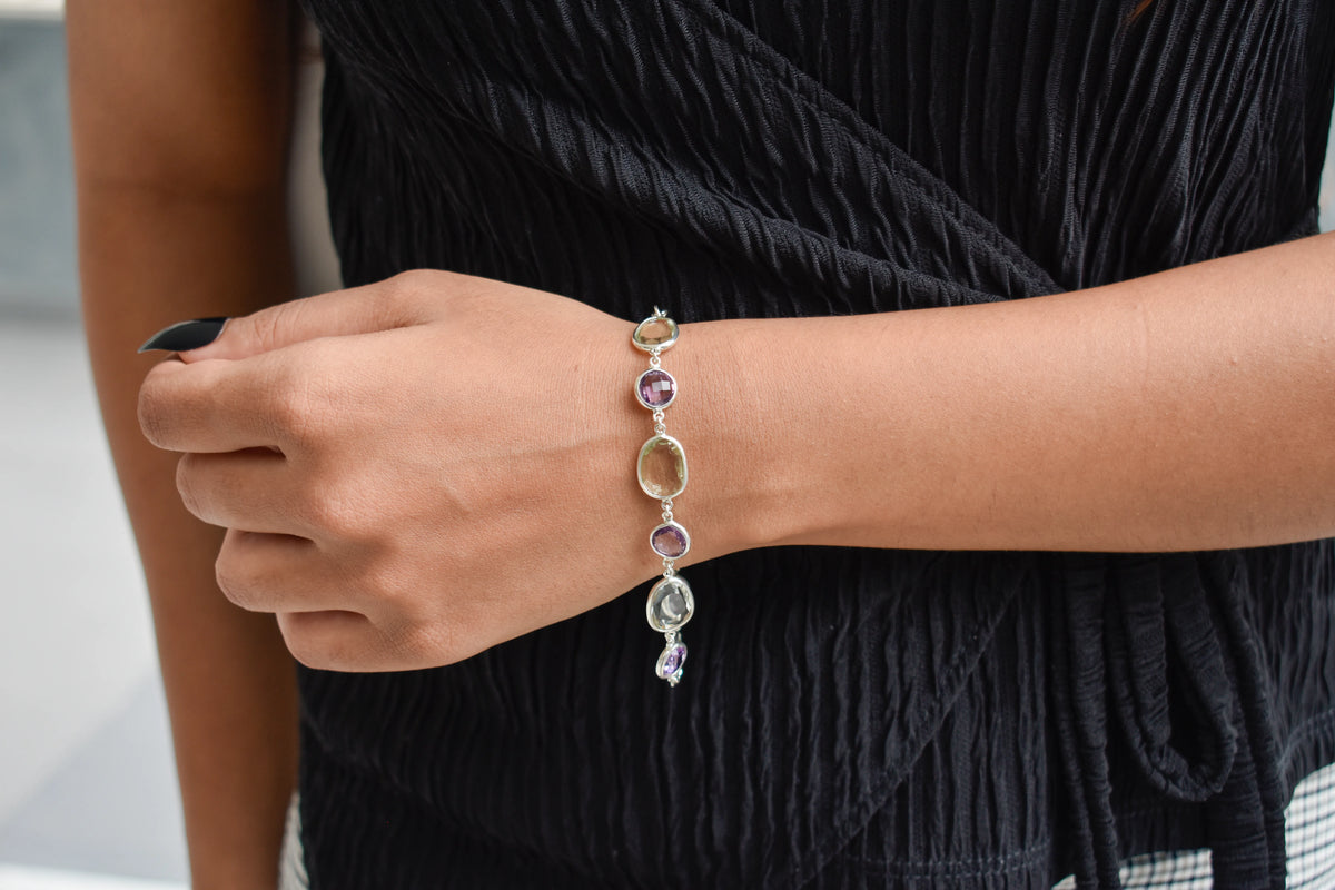 Amethyst and green amethyst bezel bracelet in silver