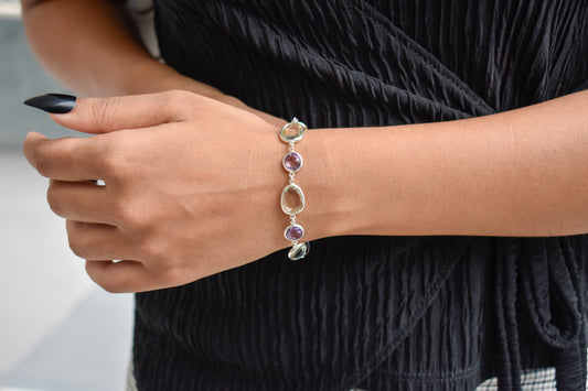 Amethyst and green amethyst bezel bracelet in silver