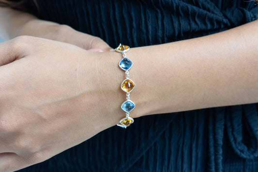 Swiss Blue Topaz and citrine bezel bracelet in 925 silver