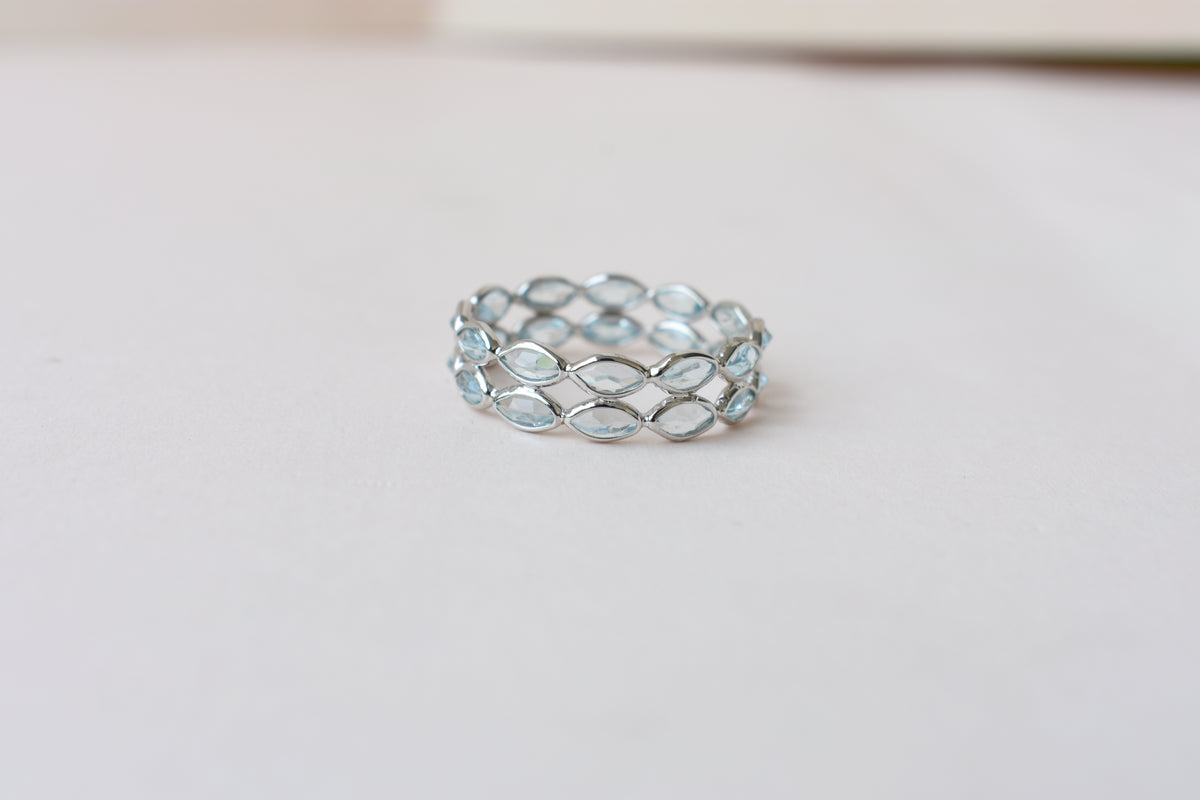 Sky blue topaz double row marquise eternity ring in 925 silver