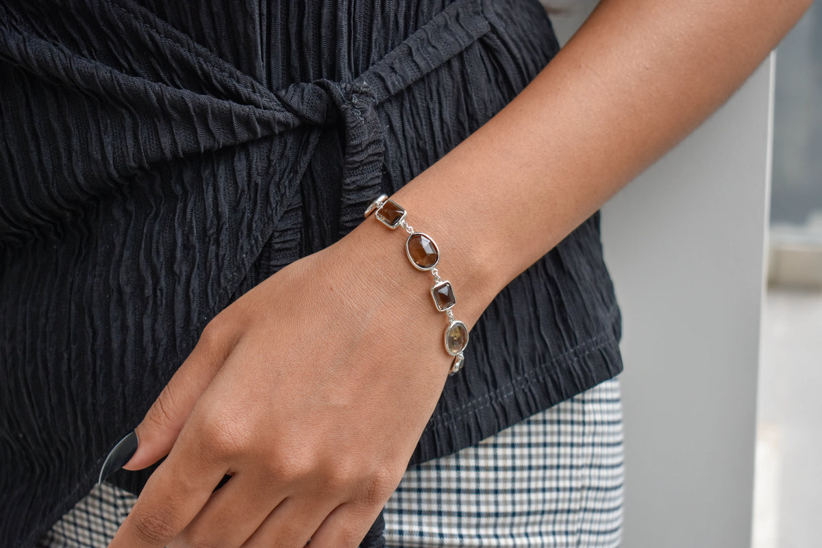 Smoky quartz bezel bracelet in 925 silver