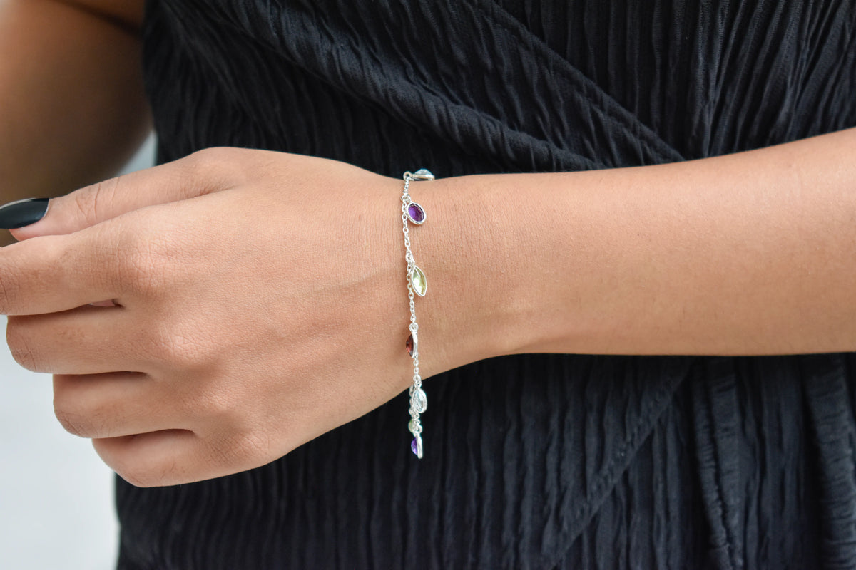Multi gemstone marquise dangle bracelet in silver