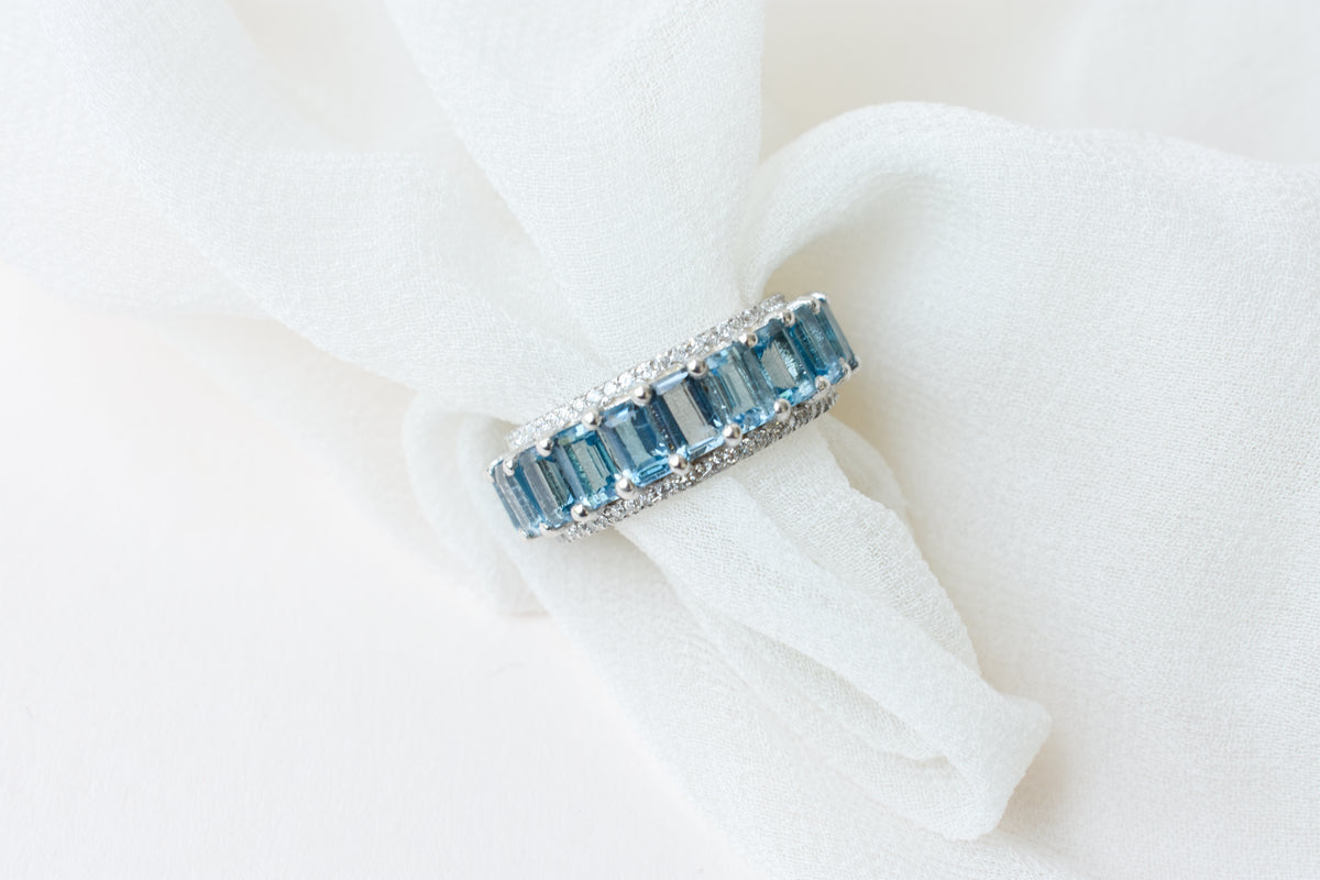 Sky blue topaz wide emerald-cut eternity ring in 925 silver