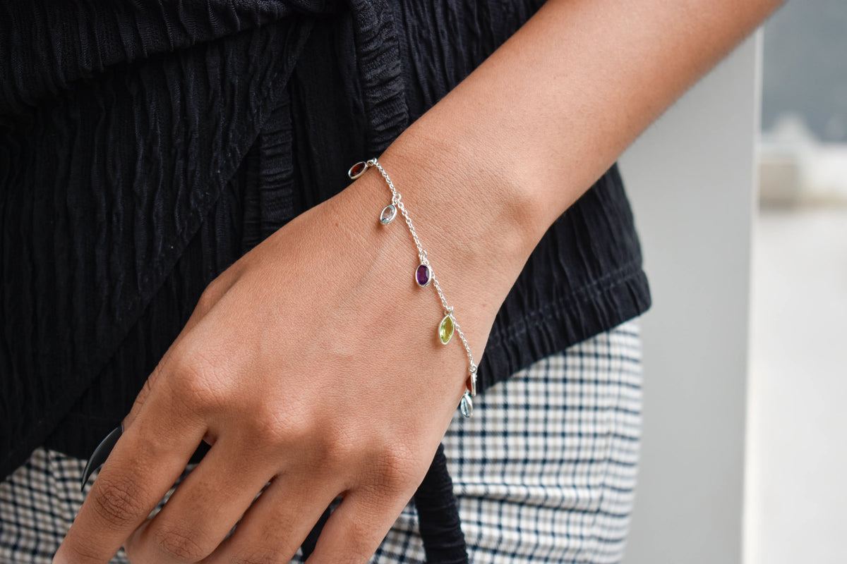 Multi gemstone marquise dangle bracelet in silver