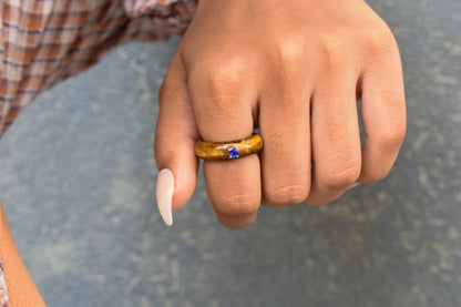 Tiger's Eye Band Ring with Tanzanite in 14K Gold – Handmade Carved Stone Ring