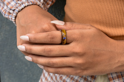 Tiger's Eye Band Ring with Tanzanite in 14K Gold – Handmade Carved Stone Ring