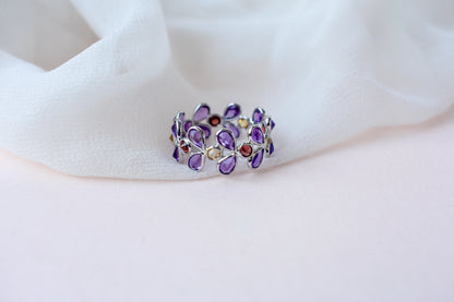 Multi gemstone marquise eternity ring in 925 silver with amethyst, garnet, and citrine-toned stones
