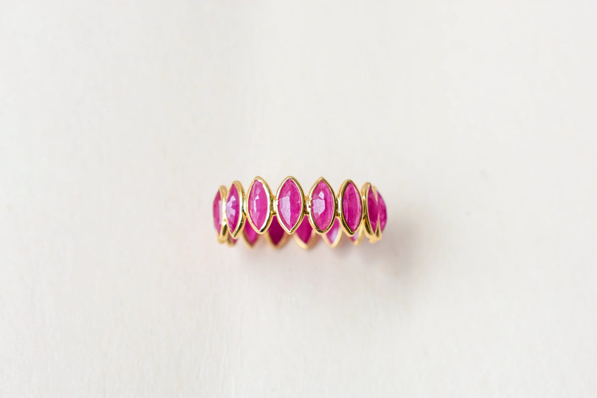 Marquise-cut ruby zigzag double-row eternity ring in 18K gold