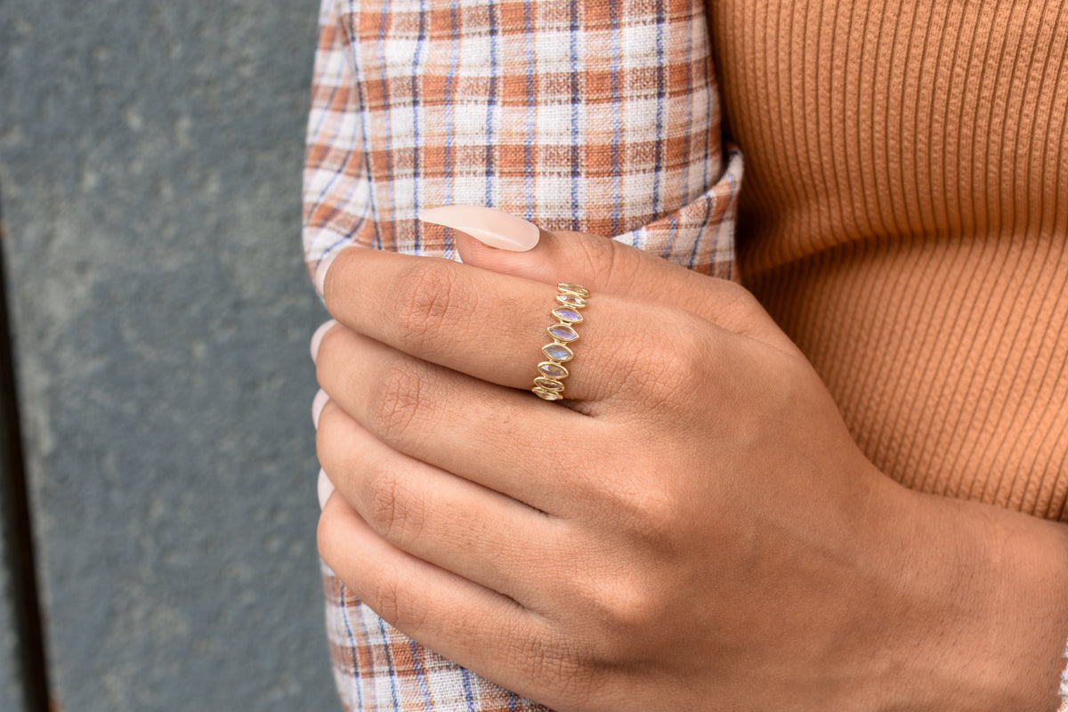 Rainbow Moonstone Marquise Half Eternity Ring in 18K Gold | Qala Fine Jewels