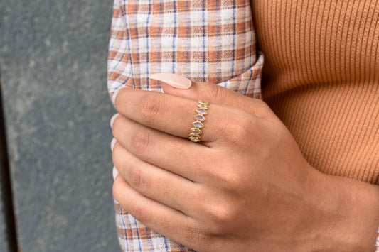 Rainbow Moonstone Marquise Half Eternity Ring in 18K Gold | Qala Fine Jewels